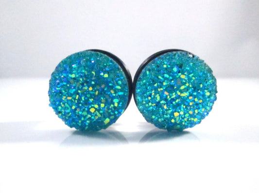 Aqua Turquoise Blue Large Sparkle Faux Druzy Plugs - 3/4 in, 7/8 in