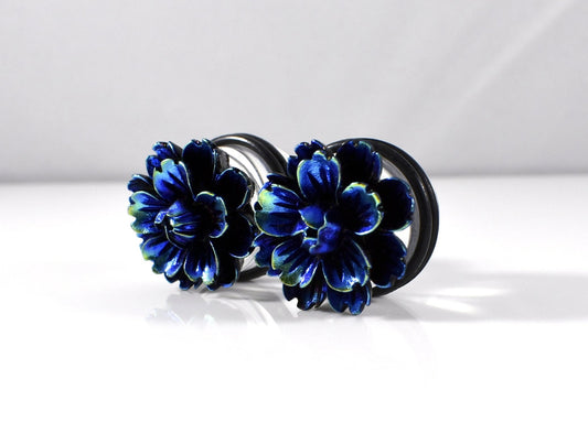5/8 in, 3/4 in - Dark Blue Flower Wedding Formal Plugs - Something Blue