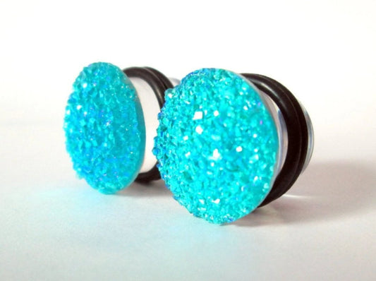 Aqua Sparkle Large Faux Druzy Plugs - 9/16 in, and 5/8 in