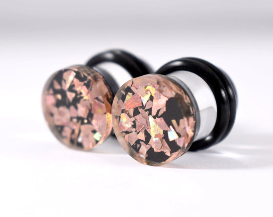 Black and Rose Gold Foil Flake Plugs - 2g, 0g, and 00g